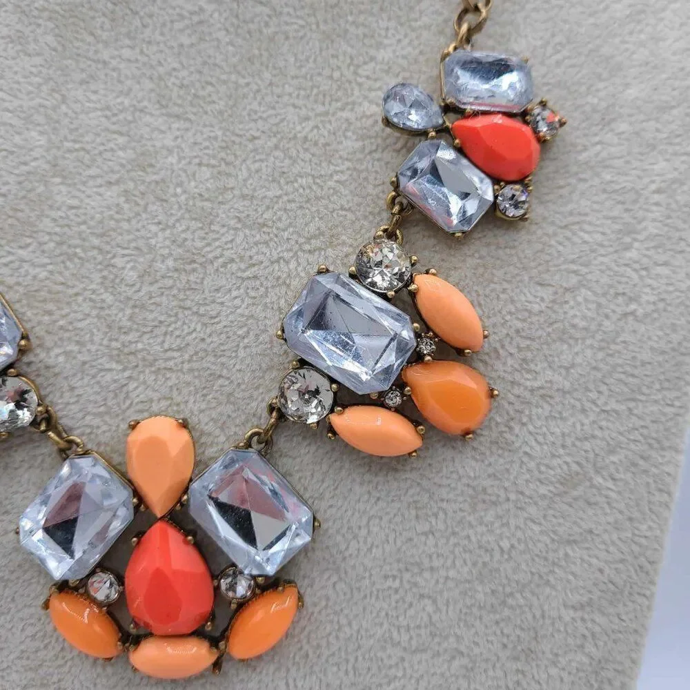 J Crew Large Clear Crystal and Orange Resin Statement Necklace